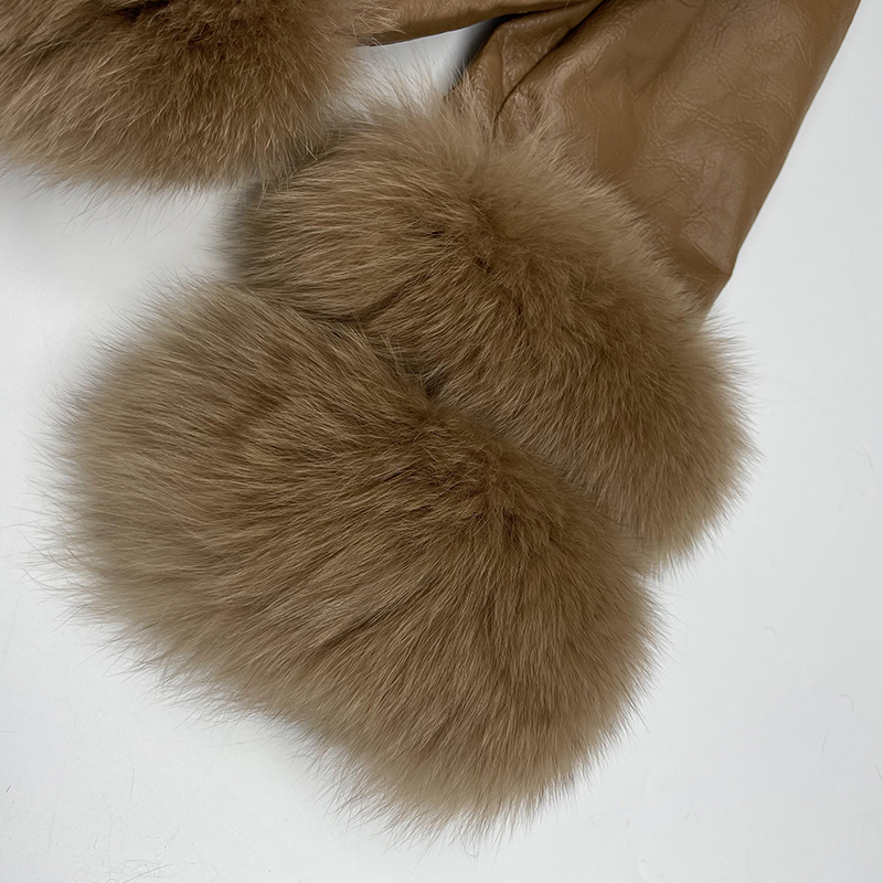 Janefur| Women's Leather Coat With Fox Fur Collar Zipper